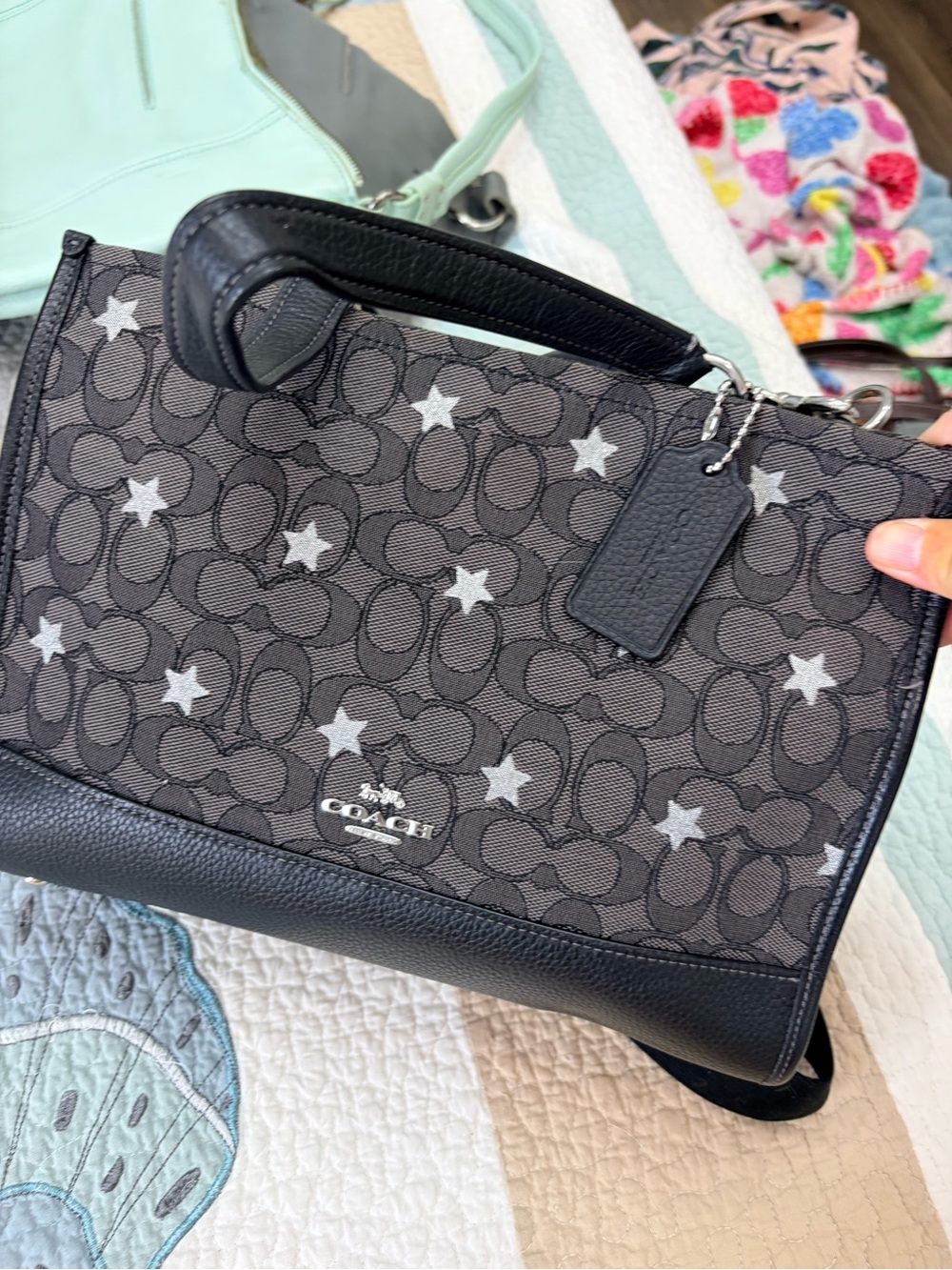 Coach Black Signature Star Canvas Satchel with Silver Stars